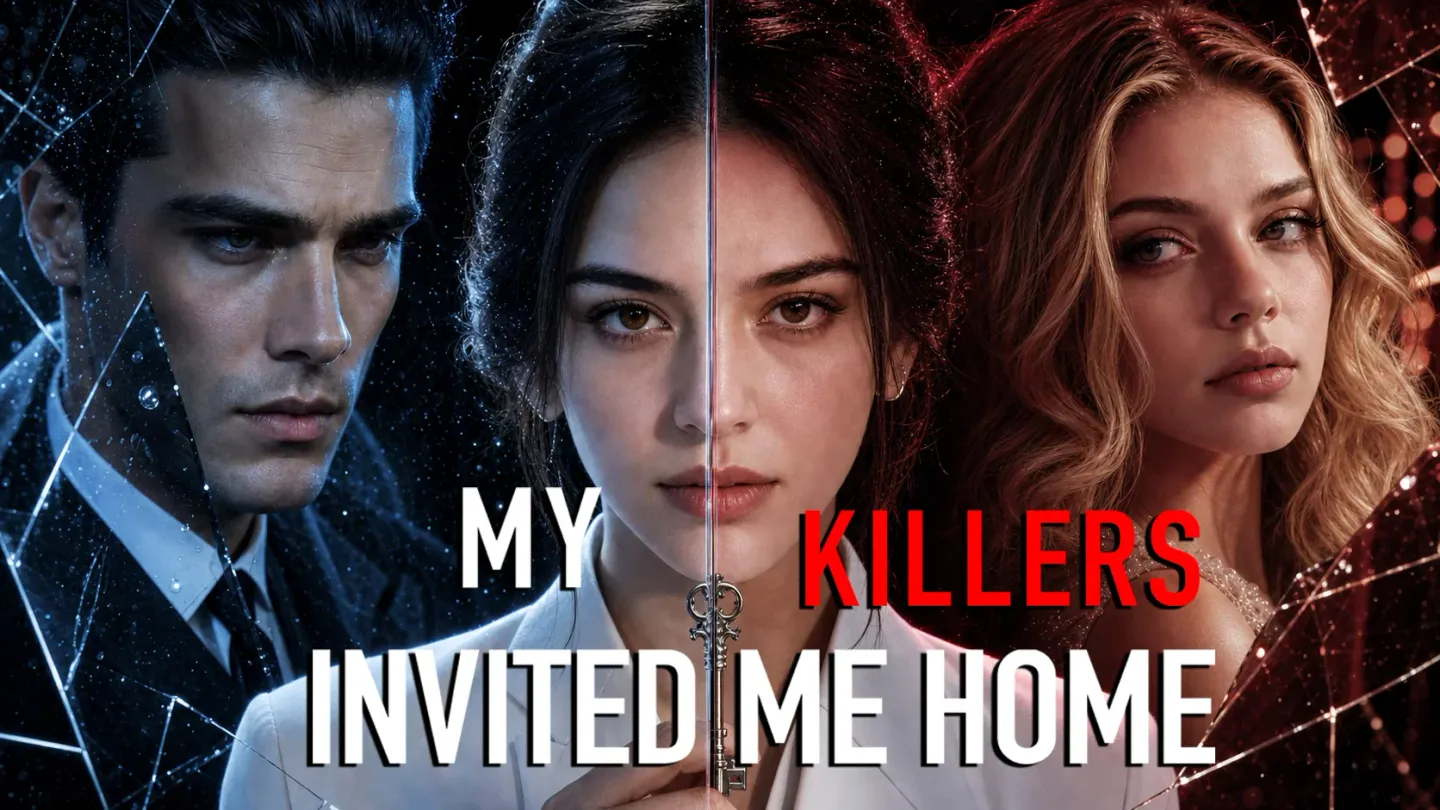 My Killers Invited Me Home: three figures against fractured red and blue glass.