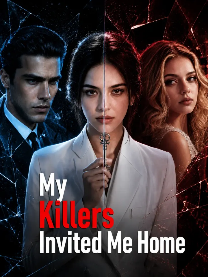 My Killers Invited Me Home poster: a woman holding a key between two figures, against fractured blue and red glass.