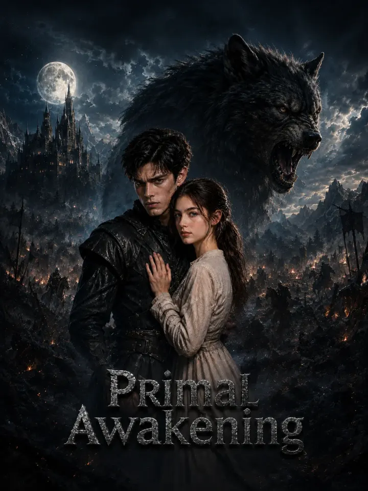 Primal Awakening poster: a young couple beneath a giant wolf, with a moonlit castle in the mountains.
