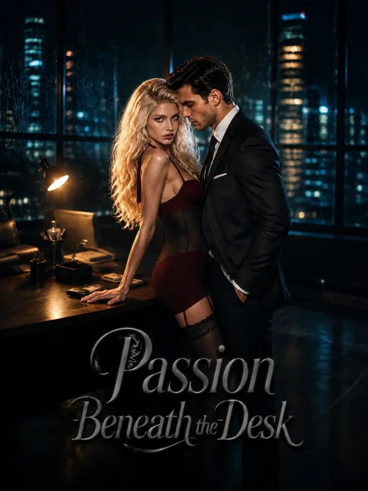 Passion Beneath the Desk poster: a couple beside a desk in a high-rise office at night.